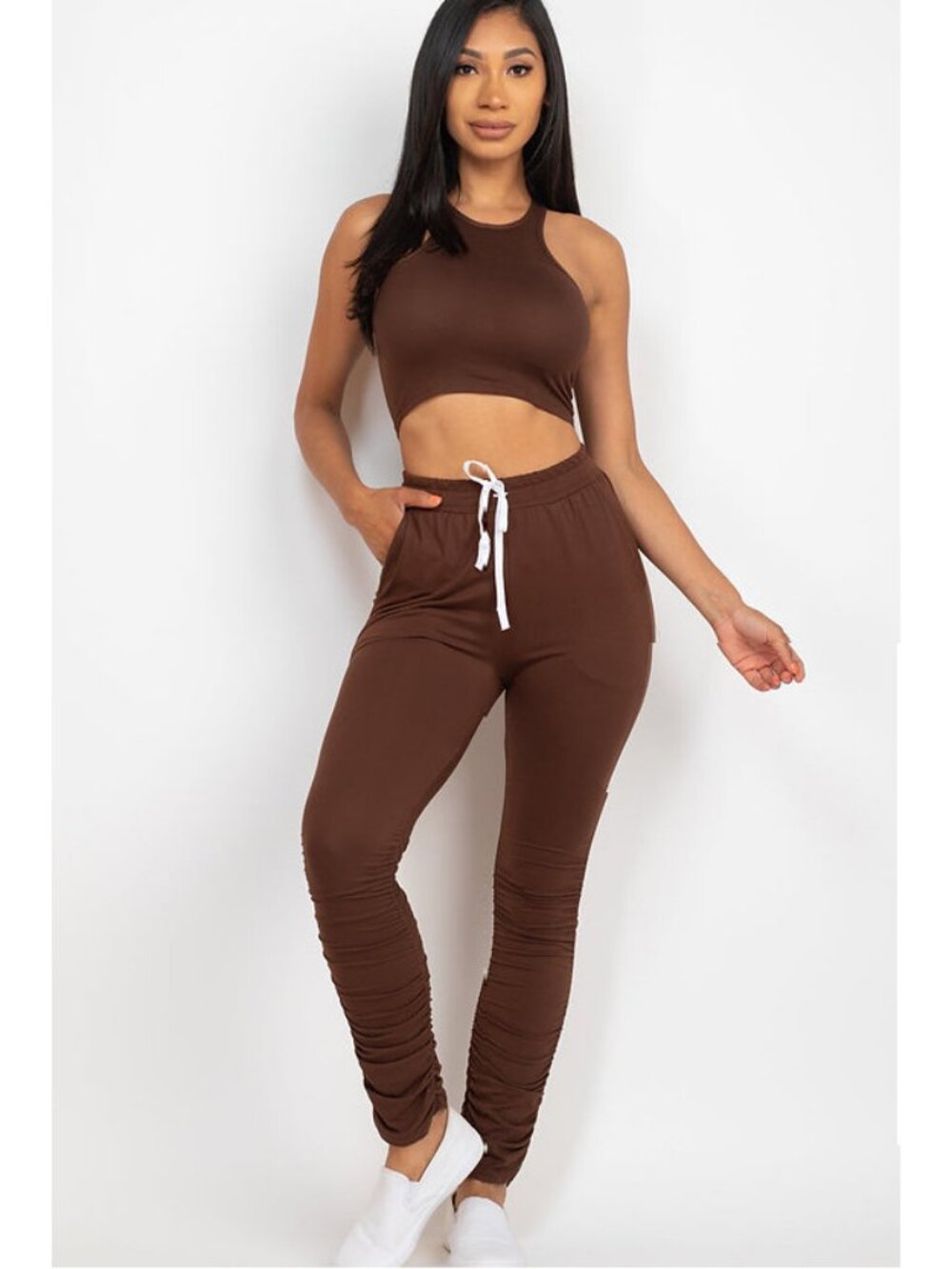 Capella Chocolate Brown Crop Top & Scrunch Joggers Set
